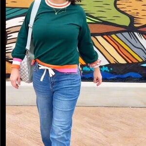 Green Crewneck Sweater with Contrast Trim